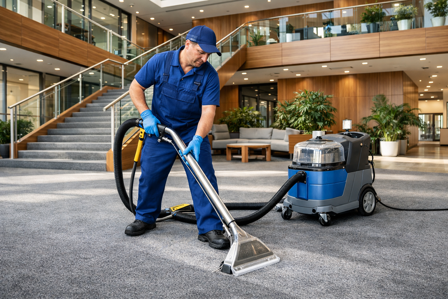 Ein Mitarbeiter von acko der eine Grundreinigung des Teppichboden in einem Modernen Büro durchführt