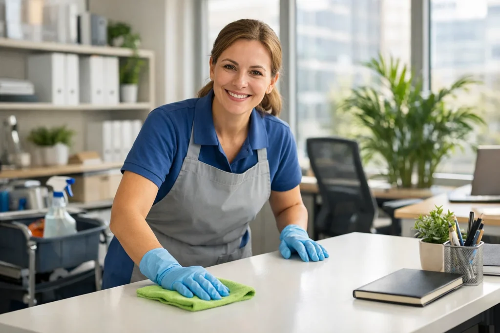 Eine lächelnde Reinigungskraft führt die Unterhaltsreinigung in einem modernen Büro durch und wischt sorgfältig einen Arbeitsplatz in heller, angenehmer Umgebung.