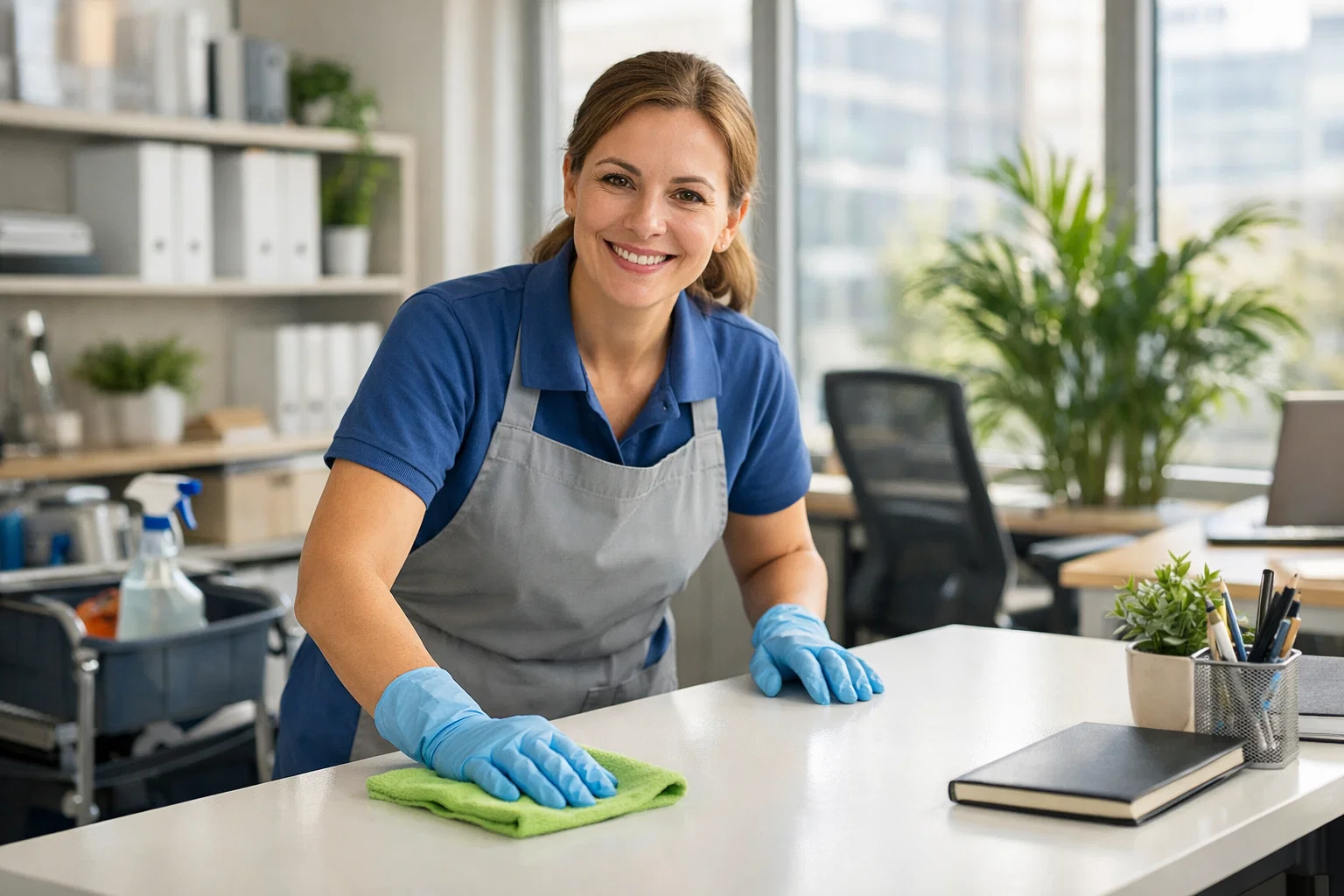 Eine lächelnde Reinigungskraft führt die Unterhaltsreinigung in einem modernen Büro durch und wischt sorgfältig einen Arbeitsplatz in heller, angenehmer Umgebung.