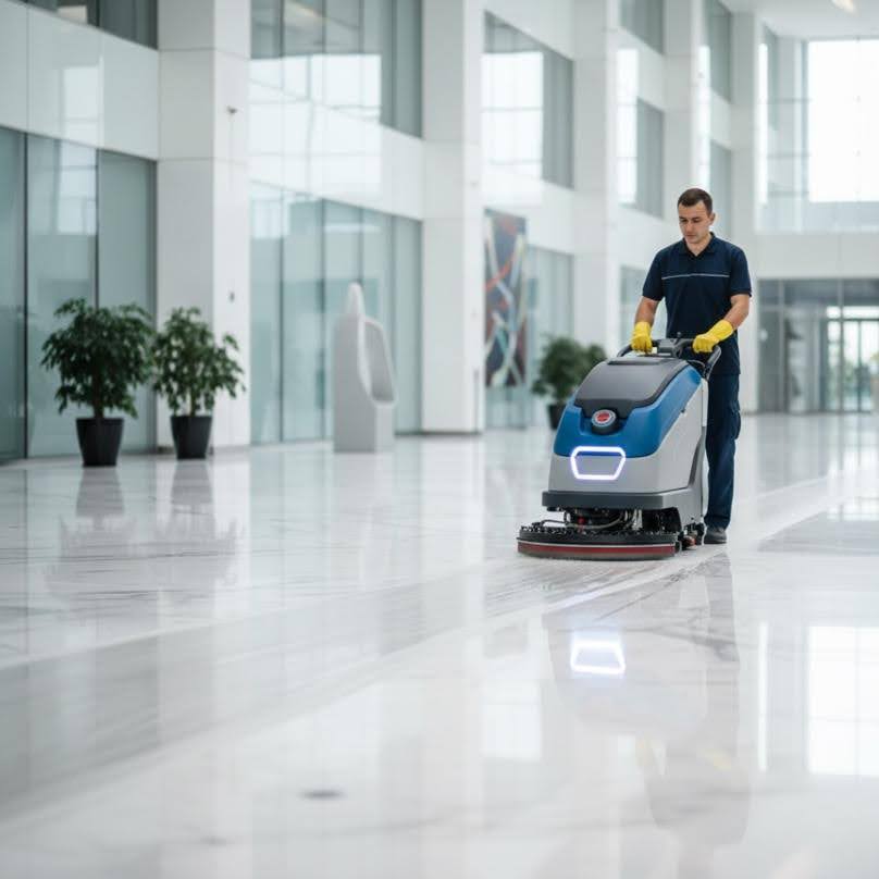Gebäudereinigung Heilbronn bei der maschinellen Bodenreinigung in modernen Gewerbe- und Bürogebäuden