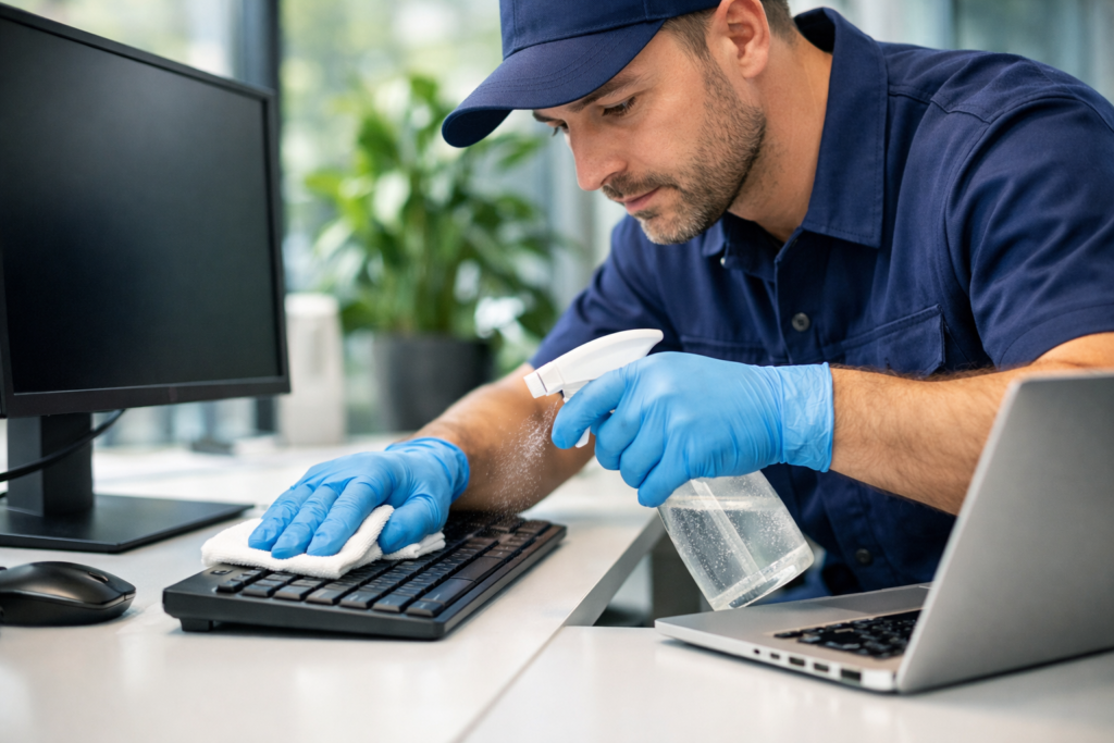 Ein professioneller Reinigungskraft reinigt mit Schutzhandschuhen einen Büroarbeitsplatz und wischt einen Schreibtisch mit Monitor und Tastatur in einem hellen, begrünten Büro.