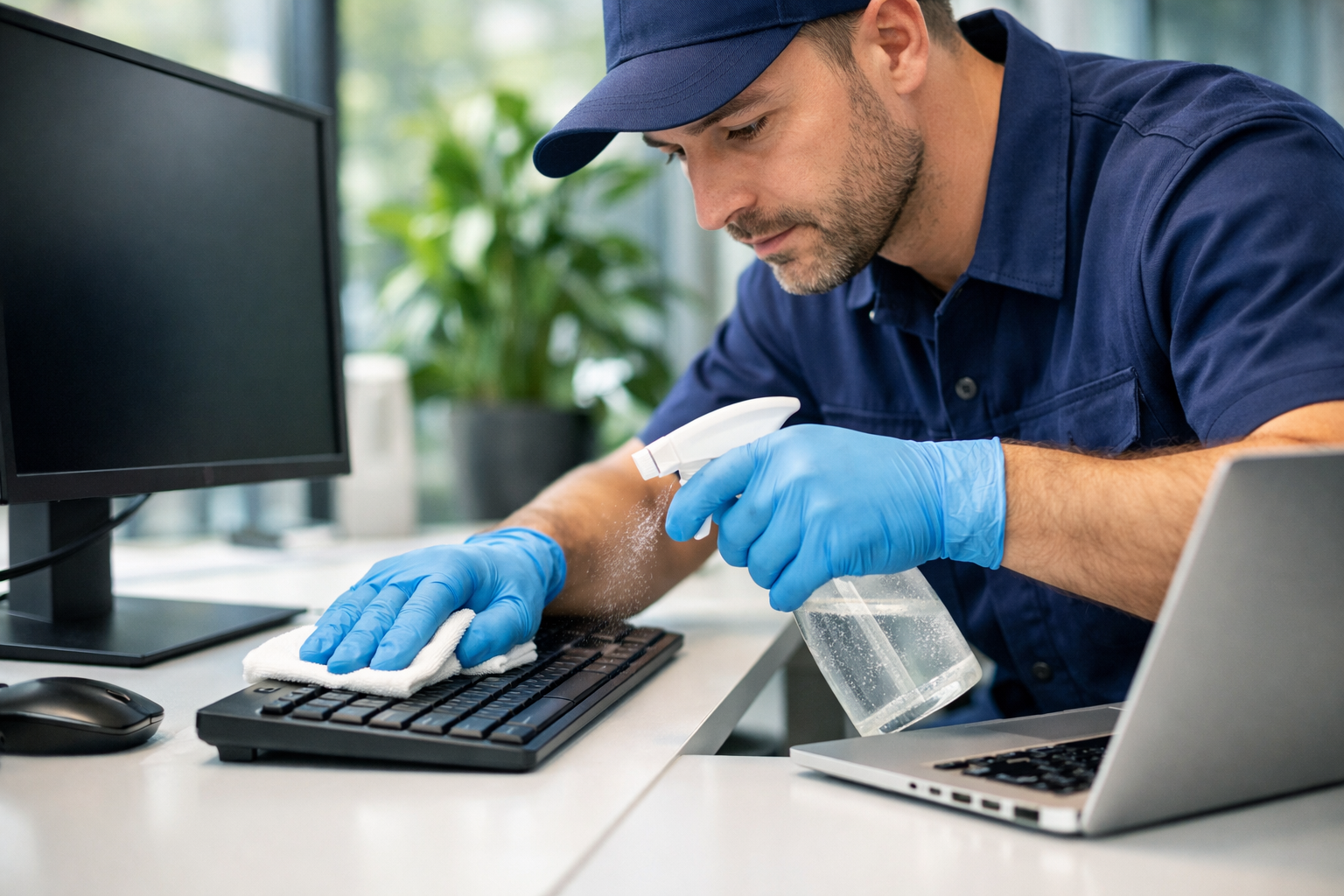Ein professioneller Reinigungskraft reinigt mit Schutzhandschuhen einen Büroarbeitsplatz und wischt einen Schreibtisch mit Monitor und Tastatur in einem hellen, begrünten Büro.